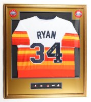 Nolan Ryan Signed Astros Custom Framed Jersey Display With (2) Team Logo Patches & (5) Career Pins Inscribed "324 Wins" & "7 No-Hitters" (PSA) at PristineAuction.com