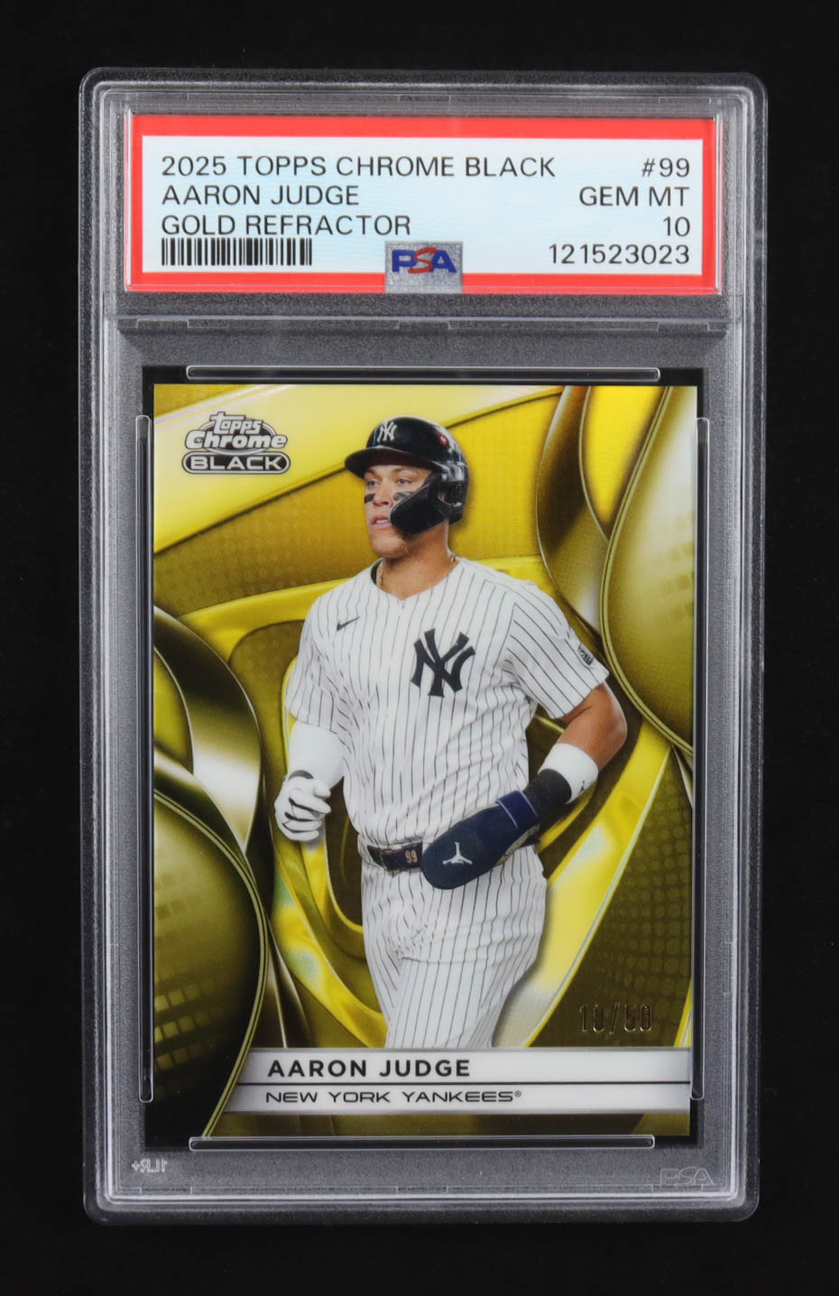Aaron Judge 2025 Topps Chrome Black Gold Refractor #99 #10/50 (PSA 10) at PristineAuction.com Aaron Judge 2025 Topps Chrome Black Gold Refractor #99 #10/50 (PSA 10) at PristineAuction.com