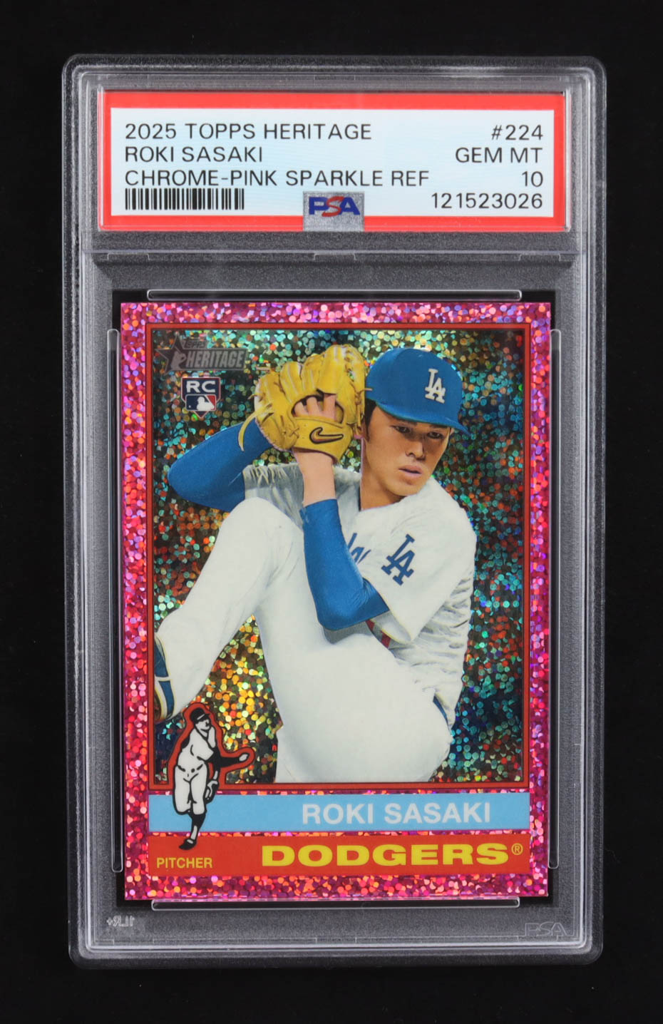 Roki Sasaki 2025 Topps Heritage Chrome Pink Sparkle Refractor #224 RC (PSA 10) at PristineAuction.com Roki Sasaki 2025 Topps Heritage Chrome Pink Sparkle Refractor #224 RC (PSA 10) at PristineAuction.com
