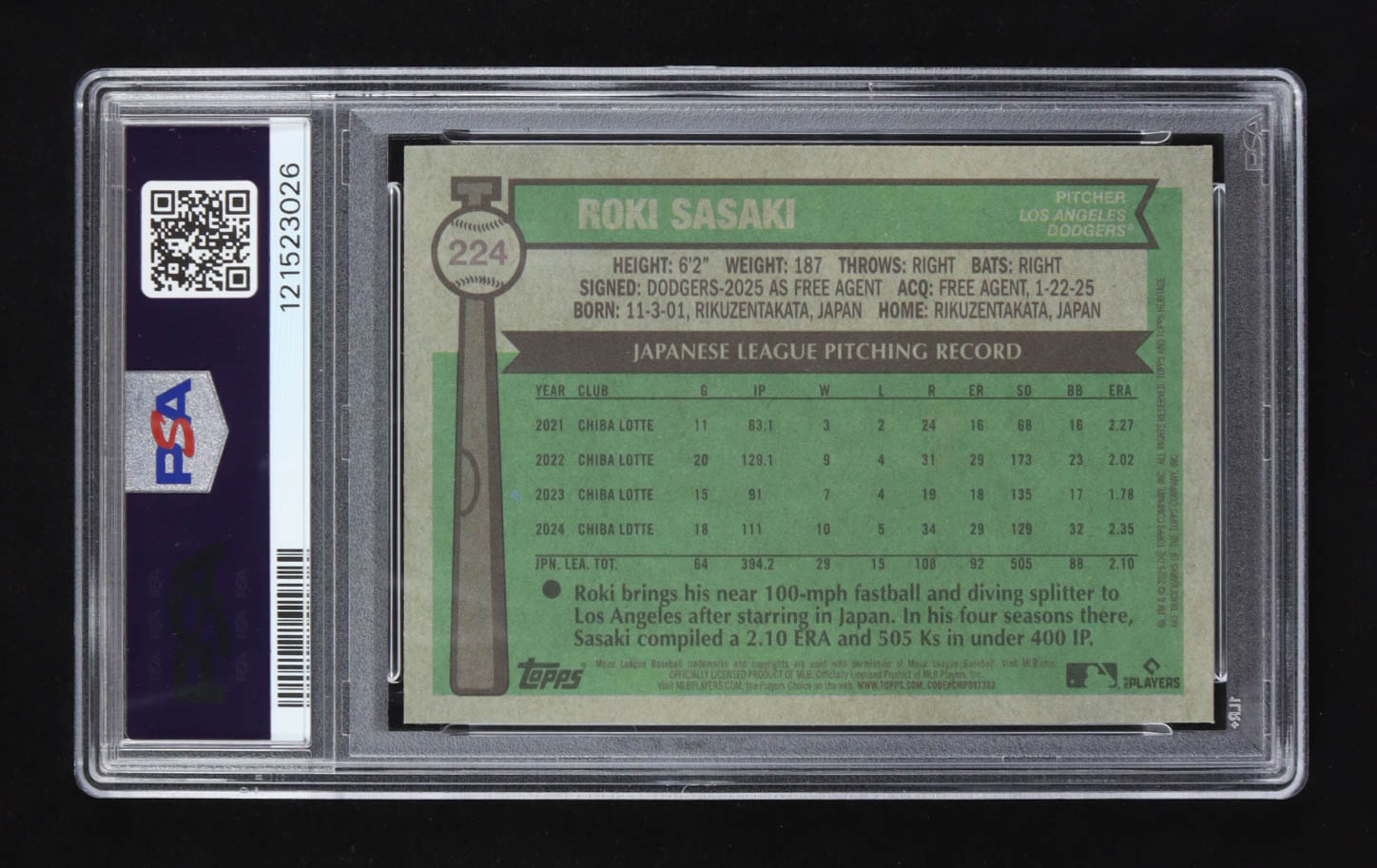 Roki Sasaki 2025 Topps Heritage Chrome Pink Sparkle Refractor #224 RC (PSA 10) at PristineAuction.com Roki Sasaki 2025 Topps Heritage Chrome Pink Sparkle Refractor #224 RC (PSA 10) at PristineAuction.com