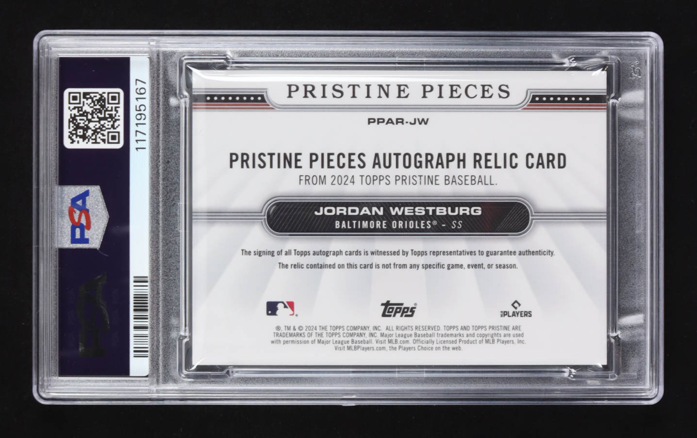 Jordan Westburg 2024 Topps Pristine Pieces Autograph Relic #JW RC (PSA | Autograph Graded PSA 10) at PristineAuction.com Jordan Westburg 2024 Topps Pristine Pieces Autograph Relic #JW RC (PSA | Autograph Graded PSA 10) at PristineAuction.com