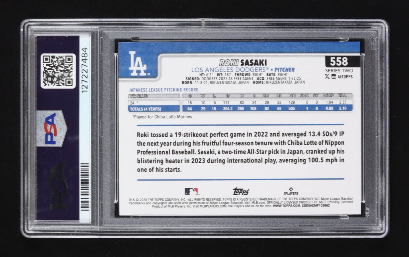Roki Sasaki 2025 Topps Holiday #558 RC (PSA 10) at PristineAuction.com Roki Sasaki 2025 Topps Holiday #558 RC (PSA 10) at PristineAuction.com