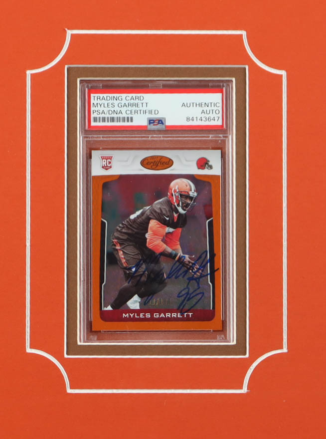 Myles Garrett Signed Browns Custom Framed 2017 Panini Certified Orange #90/199 #136 RC Display (PSA | Auto 10) at PristineAuction.com Myles Garrett Signed Browns Custom Framed 2017 Panini Certified Orange #90/199 #136 RC Display (PSA | Auto 10) at PristineAuction.com