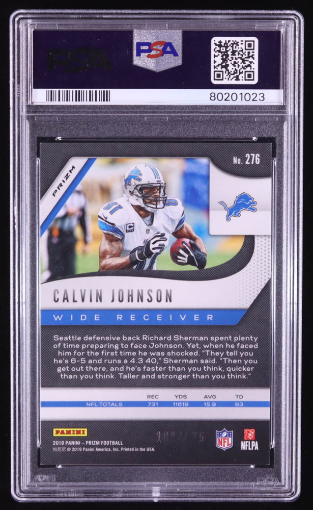 Calvin Johnson 2019 Panini Prizm Prizms Hyper #276 #109/175 (PSA 10) at PristineAuction.com Calvin Johnson 2019 Panini Prizm Prizms Hyper #276 #109/175 (PSA 10) at PristineAuction.com