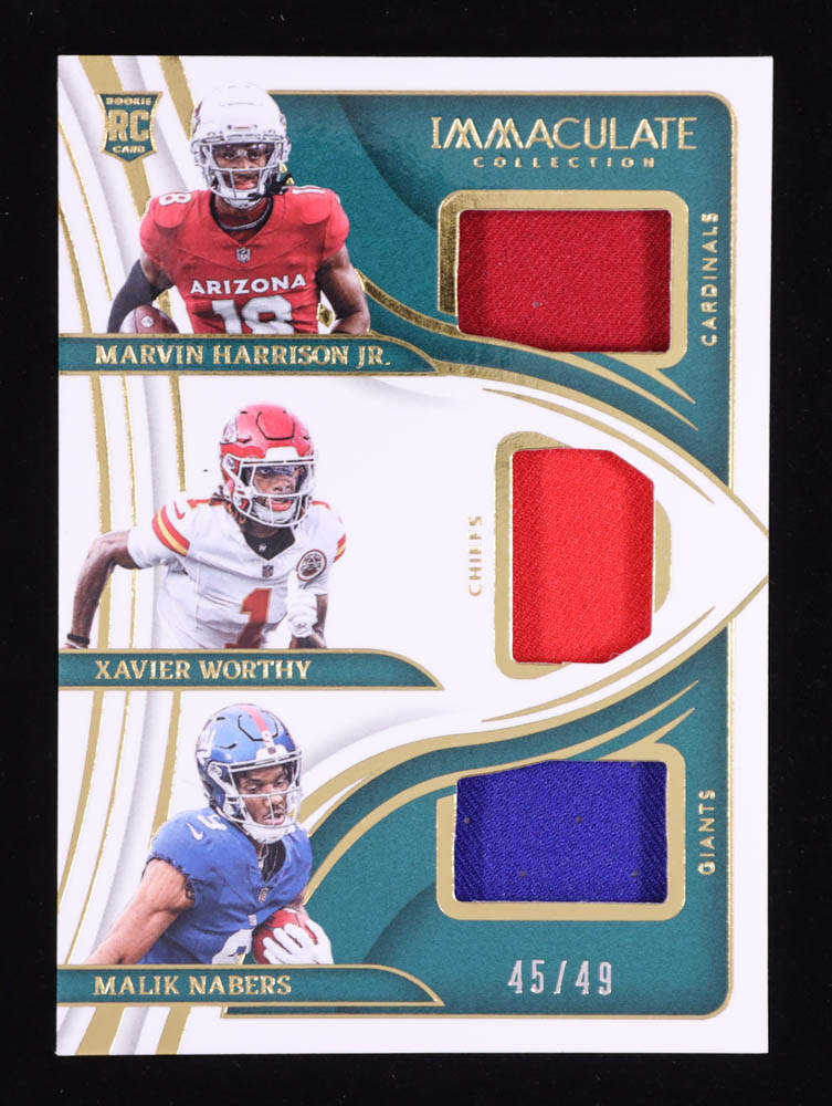 Malik Nabers / Xavier Worthy / Marvin Harrison Jr. 2024 Immaculate Collection Immaculate Triple Jerseys #11 #45/49 RC at PristineAuction.com Malik Nabers / Xavier Worthy / Marvin Harrison Jr. 2024 Immaculate Collection Immaculate Triple Jerseys #11 #45/49 RC at PristineAuction.com