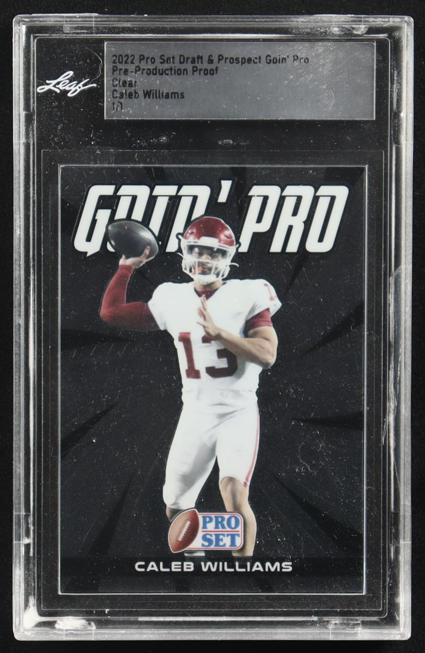 Caleb Williams 2022 Pro Set Draft & Prospect Goin' Pro Pre-Production Proof Clear RC #1/1 (Leaf) at PristineAuction.com Caleb Williams 2022 Pro Set Draft & Prospect Goin' Pro Pre-Production Proof Clear RC #1/1 (Leaf) at PristineAuction.com