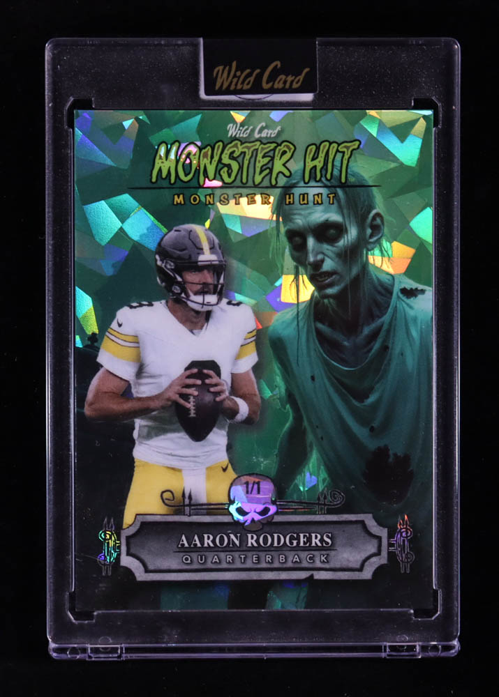 Aaron Rodgers 2024 Wild Card Haunted Hits Monster Hunt Zombie Crystal Green #MHCZ-AR #1/1 at PristineAuction.com Aaron Rodgers 2024 Wild Card Haunted Hits Monster Hunt Zombie Crystal Green #MHCZ-AR #1/1 at PristineAuction.com