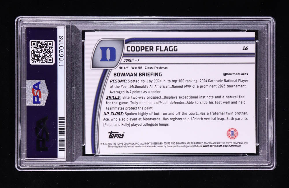 Cooper Flagg 2024-25 Bowman Chrome University Black Wave #16 RC (PSA 10) at PristineAuction.com Cooper Flagg 2024-25 Bowman Chrome University Black Wave #16 RC (PSA 10) at PristineAuction.com