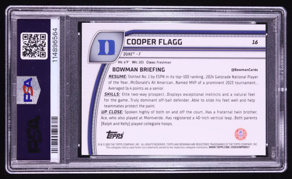 Cooper Flagg 2024-25 Bowman Chrome University Black Wave Refractors #16 RC (PSA 10) at PristineAuction.com Cooper Flagg 2024-25 Bowman Chrome University Black Wave Refractors #16 RC (PSA 10) at PristineAuction.com