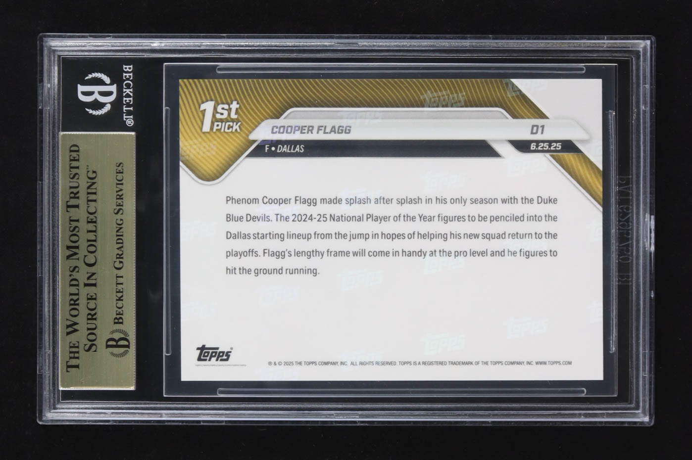 Cooper Flagg 2025 Topps Now #D1 RC (BGS 10) at PristineAuction.com Cooper Flagg 2025 Topps Now #D1 RC (BGS 10) at PristineAuction.com