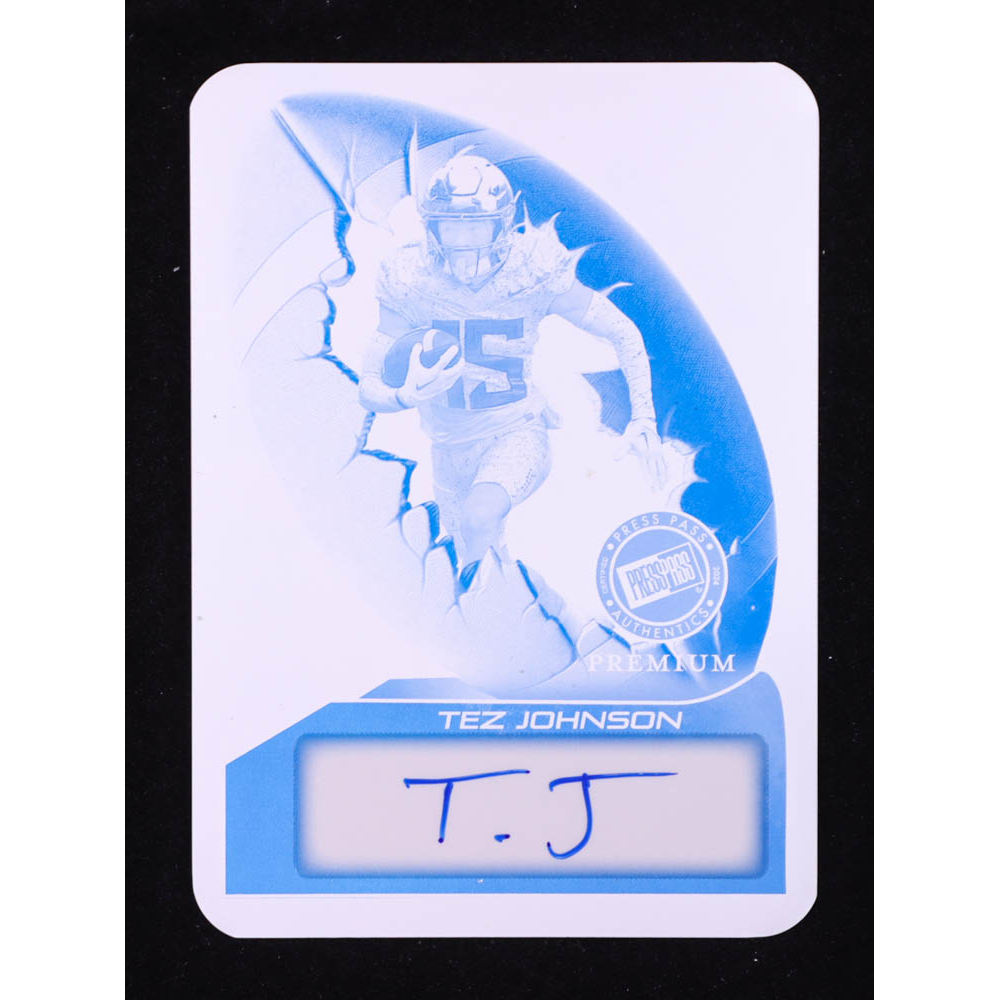 Tez Johnson 2024 Leaf Press Pass Premium Football Kick-Off Cyan Production Plate Autographs #KOTJ1 #1/1 RC at PristineAuction.com