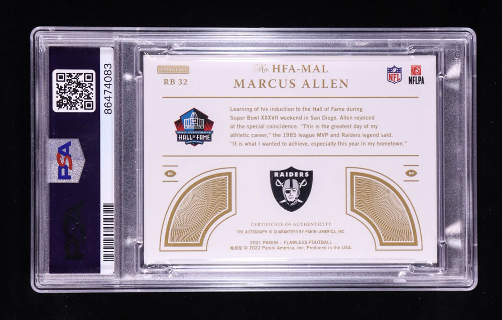 Marcus Allen 2021 Panini Flawless Hall of Fame Autograph Silver #HFAMAL #4/15 (PSA 8) at PristineAuction.com Marcus Allen 2021 Panini Flawless Hall of Fame Autograph Silver #HFAMAL #4/15 (PSA 8) at PristineAuction.com