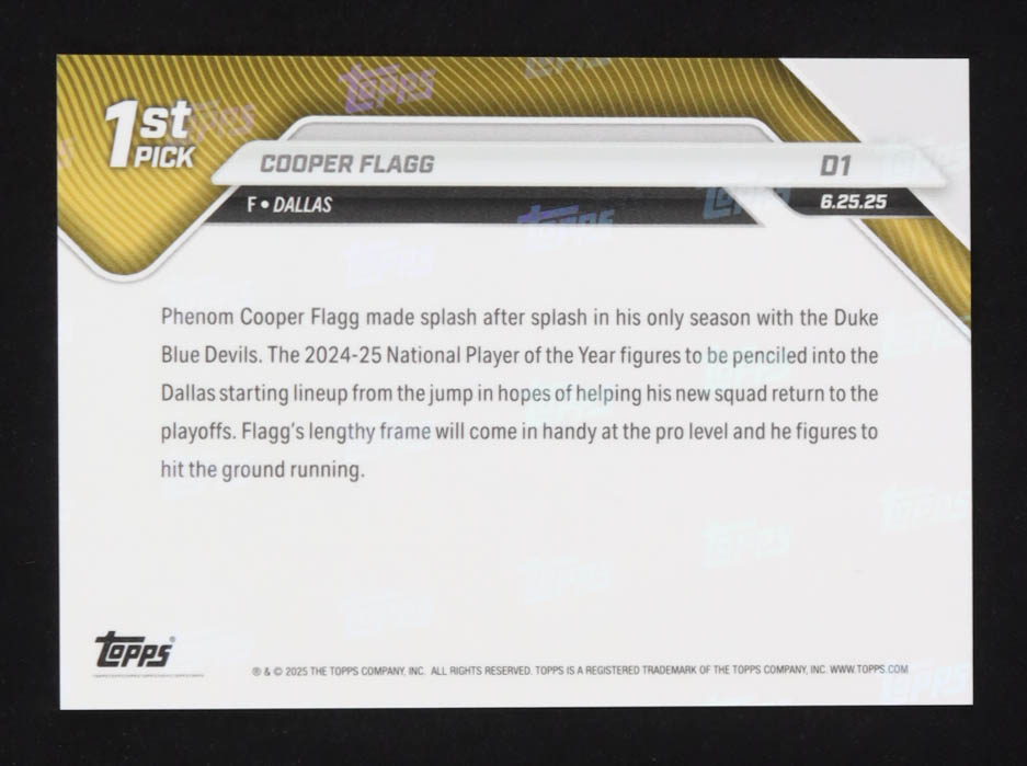 Cooper Flagg 2025 Topps Now #D1 RC at PristineAuction.com Cooper Flagg 2025 Topps Now #D1 RC at PristineAuction.com