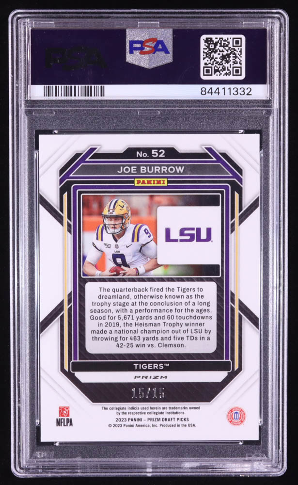 Joe Burrow 2023 Panini Prizm Draft Picks Prizms Gold Shimmer #52 #15/15 (PSA 10) at PristineAuction.com Joe Burrow 2023 Panini Prizm Draft Picks Prizms Gold Shimmer #52 #15/15 (PSA 10) at PristineAuction.com