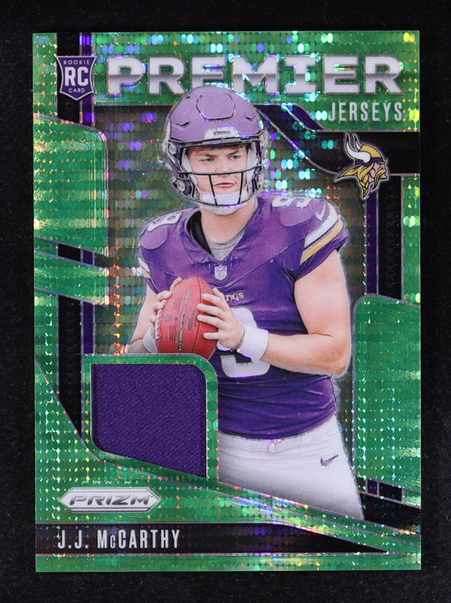 JJ McCarthy 2024 Panini Prizm Premier Jerseys Neon Green Pulsar #8 RC at PristineAuction.com JJ McCarthy 2024 Panini Prizm Premier Jerseys Neon Green Pulsar #8 RC at PristineAuction.com