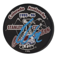 Adam Foote Signed Avalanche 1995-96 Stanley Cup Champions Logo Hockey Puck (JSA) at PristineAuction.com