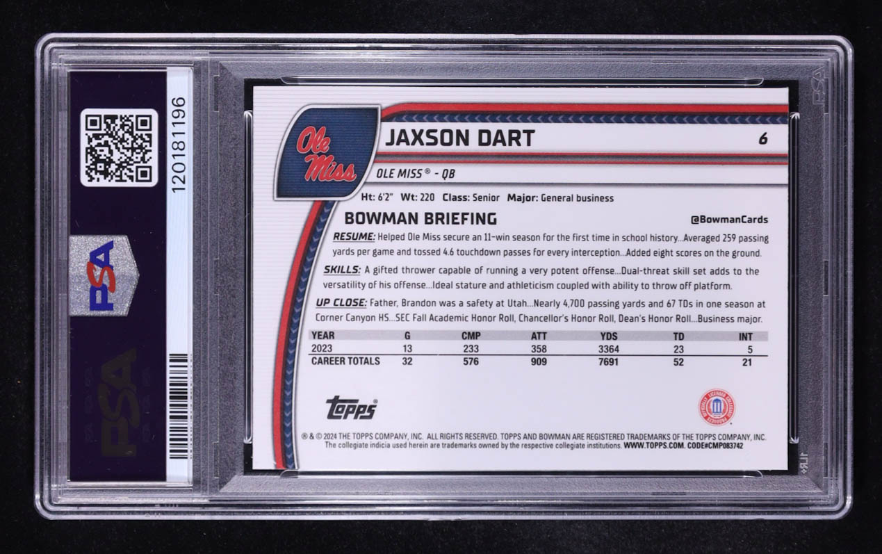 Jaxson Dart 2024 Bowman Chrome University X-Fractors #6 RC (PSA 10) at PristineAuction.com Jaxson Dart 2024 Bowman Chrome University X-Fractors #6 RC (PSA 10) at PristineAuction.com