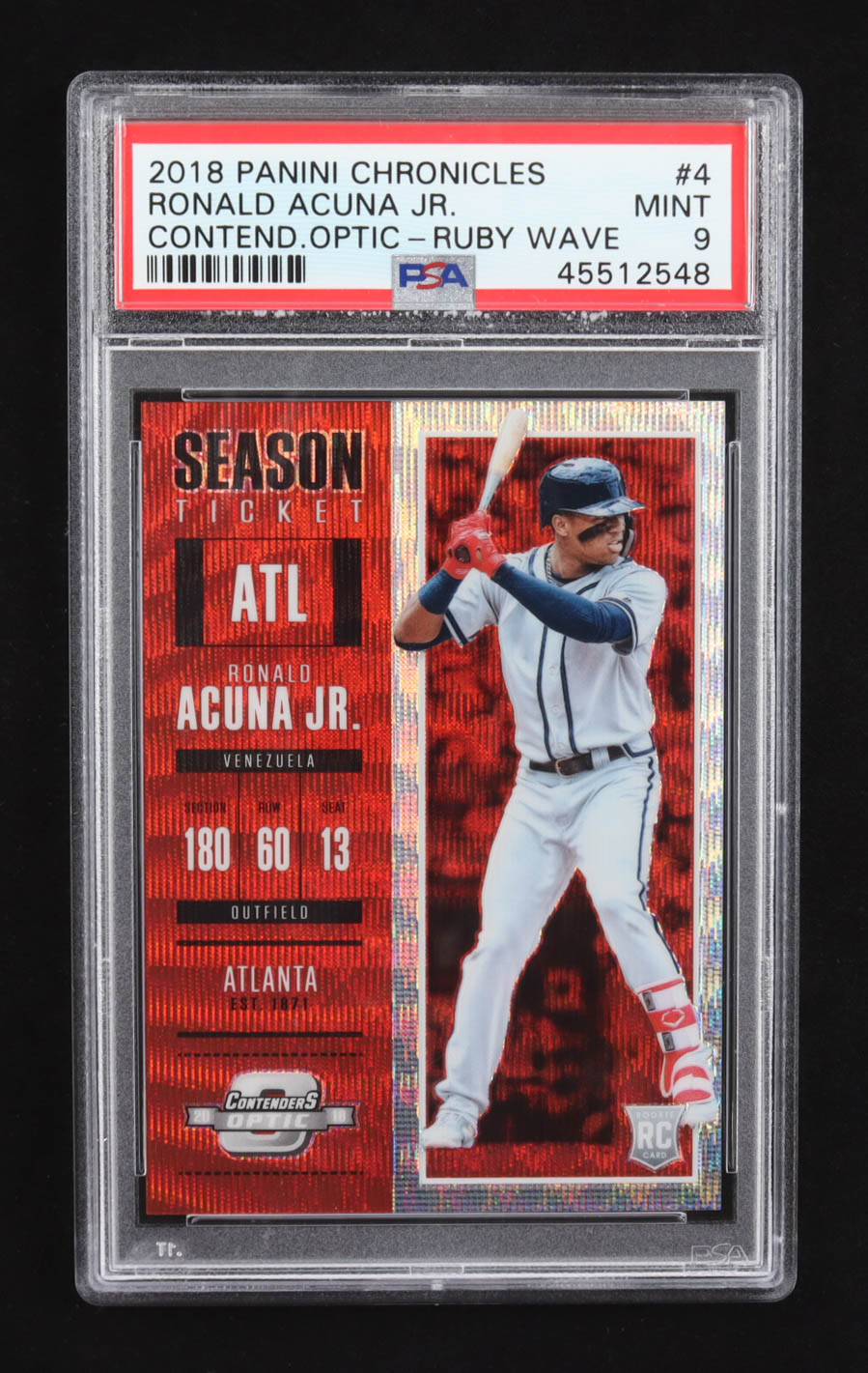 Ronald Acuna Jr. 2018 Panini Chronicles Contenders Optic Ruby Wave Season Ticket #4 RC #038/199 (PSA 9) at PristineAuction.com Ronald Acuna Jr. 2018 Panini Chronicles Contenders Optic Ruby Wave Season Ticket #4 RC #038/199 (PSA 9) at PristineAuction.com