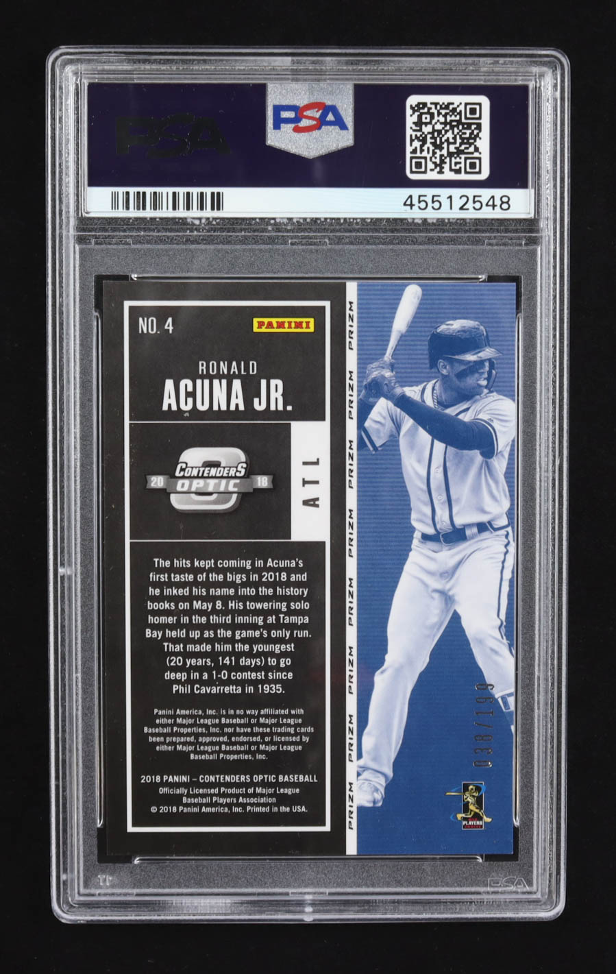 Ronald Acuna Jr. 2018 Panini Chronicles Contenders Optic Ruby Wave Season Ticket #4 RC #038/199 (PSA 9) at PristineAuction.com Ronald Acuna Jr. 2018 Panini Chronicles Contenders Optic Ruby Wave Season Ticket #4 RC #038/199 (PSA 9) at PristineAuction.com