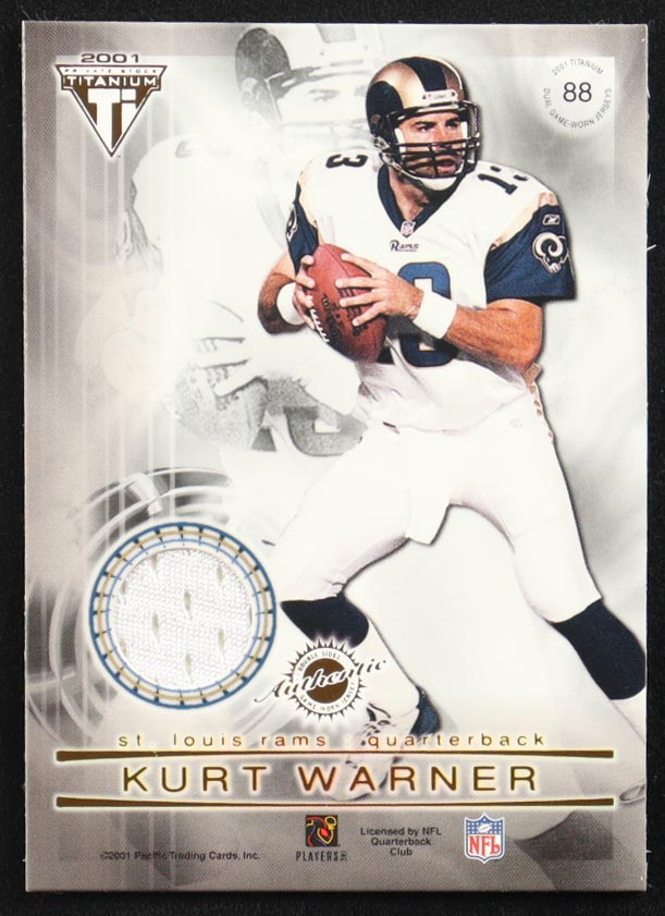 Brett Favre / Kurt Warner 2001 Titanium Double Sided Jerseys #88 at PristineAuction.com Brett Favre / Kurt Warner 2001 Titanium Double Sided Jerseys #88 at PristineAuction.com
