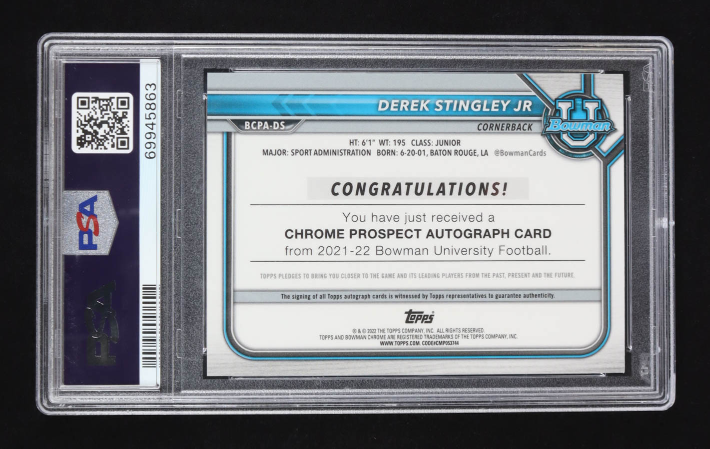 Derek Stingley Jr. Bowman University Chrome Prospect Autographs #BCPA-DS RC (PSA 9) at PristineAuction.com Derek Stingley Jr. Bowman University Chrome Prospect Autographs #BCPA-DS RC (PSA 9) at PristineAuction.com