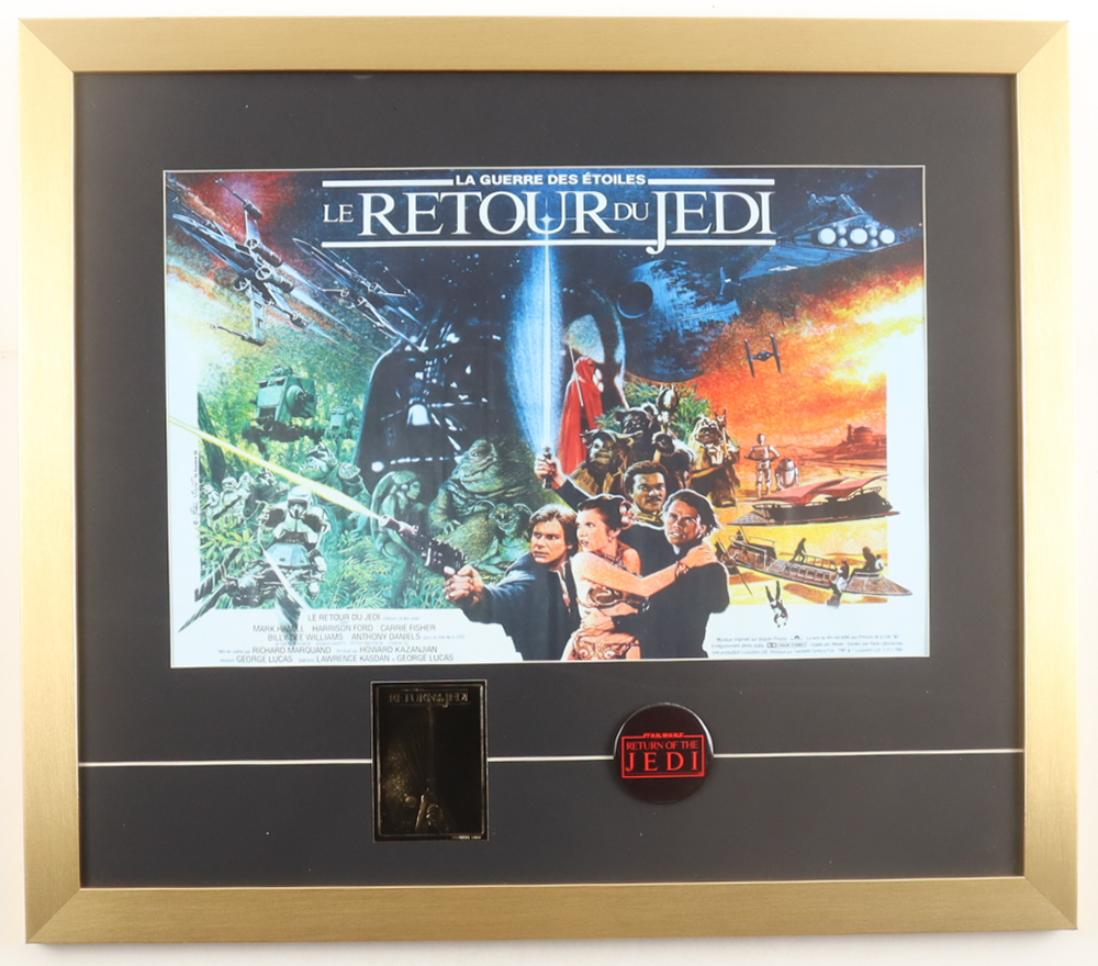 "French Star Wars: Return of the Jedi" Custom Framed Print Display with 23KT Card & Movie Pin at PristineAuction.com "French Star Wars: Return of the Jedi" Custom Framed Print Display with 23KT Card & Movie Pin at PristineAuction.com