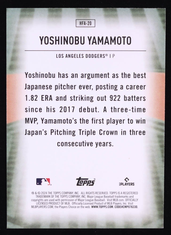 Yoshinobu Yamamoto 2024 Topps Home Field Advantage #HFA20 RC at PristineAuction.com Yoshinobu Yamamoto 2024 Topps Home Field Advantage #HFA20 RC at PristineAuction.com
