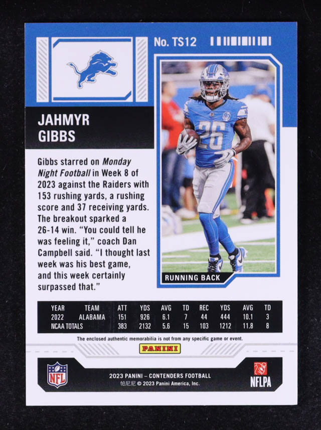 Jahmyr Gibbs 2023 Panini Contenders Rookie Ticket Swatches #12 RC at PristineAuction.com Jahmyr Gibbs 2023 Panini Contenders Rookie Ticket Swatches #12 RC at PristineAuction.com