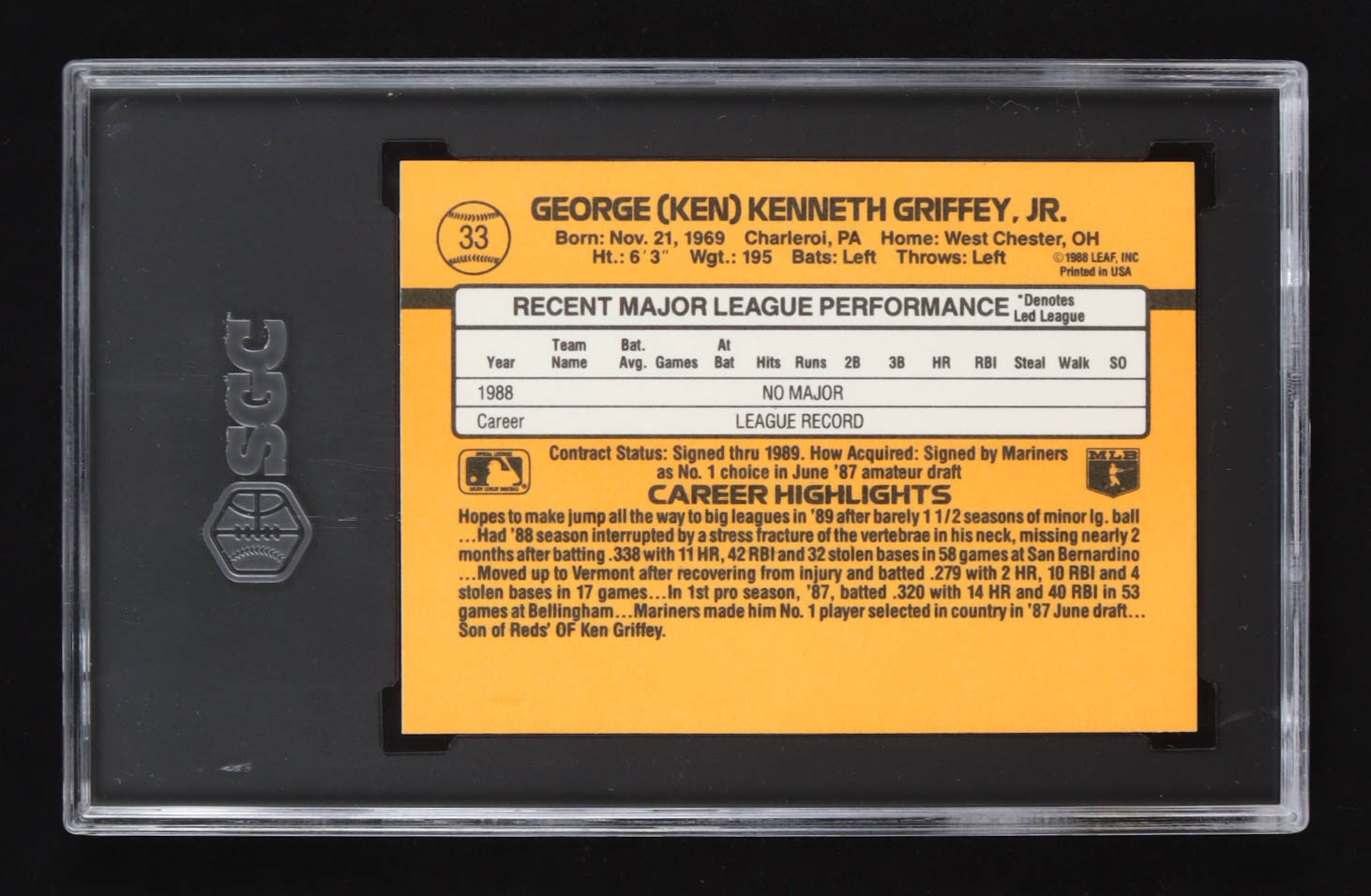 Ken Griffey Jr. 1989 Donruss RR #33 RC (SGC 8.5) at PristineAuction.com Ken Griffey Jr. 1989 Donruss RR #33 RC (SGC 8.5) at PristineAuction.com