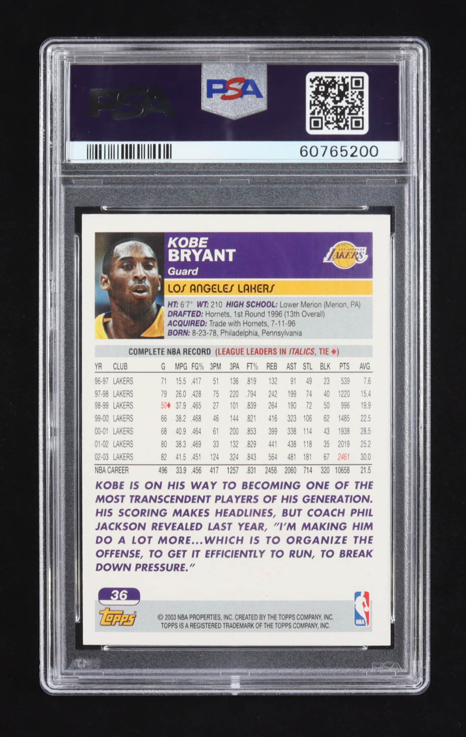 Kobe Bryant 2003-04 Topps #36 (PSA 9) at PristineAuction.com Kobe Bryant 2003-04 Topps #36 (PSA 9) at PristineAuction.com