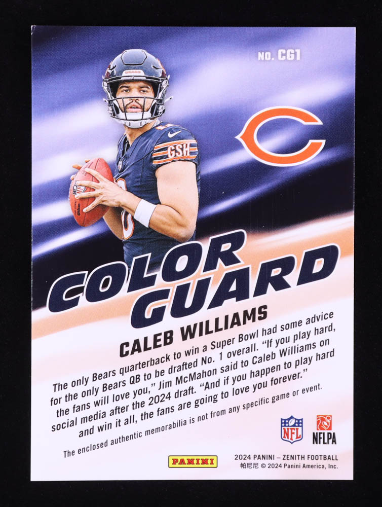 Caleb Williams 2024 Zenith Color Guard Jerseys #1 RC at PristineAuction.com Caleb Williams 2024 Zenith Color Guard Jerseys #1 RC at PristineAuction.com