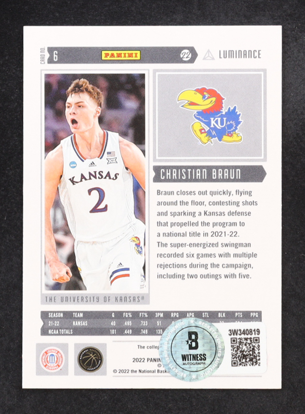 Christian Braun Signed 2022-23 Panini Chronicles Draft Picks Luminance #6 RC (Beckett) at PristineAuction.com Christian Braun Signed 2022-23 Panini Chronicles Draft Picks Luminance #6 RC (Beckett) at PristineAuction.com