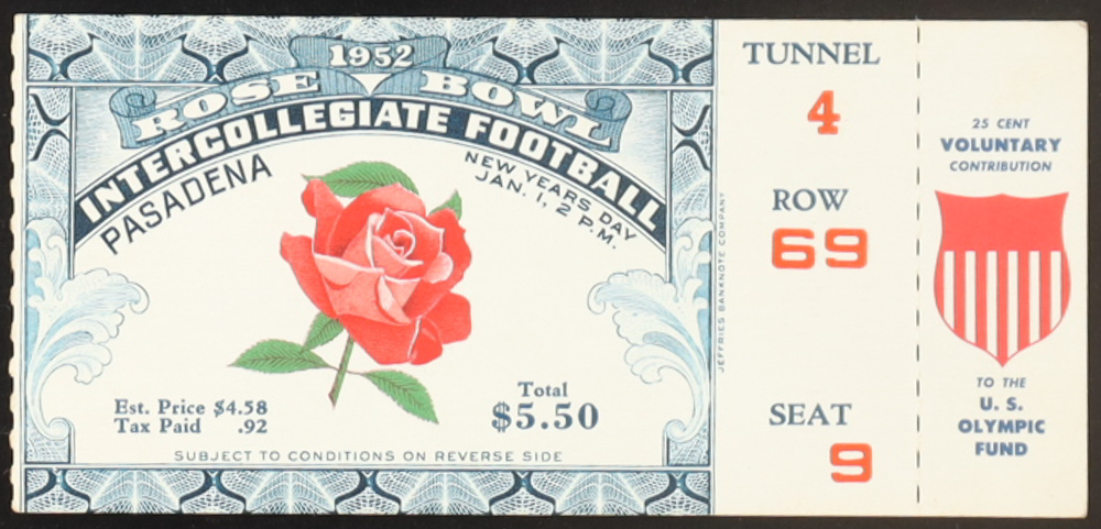 1952 Vintage Rose Bowl Full Ticket at PristineAuction.com 1952 Vintage Rose Bowl Full Ticket at PristineAuction.com