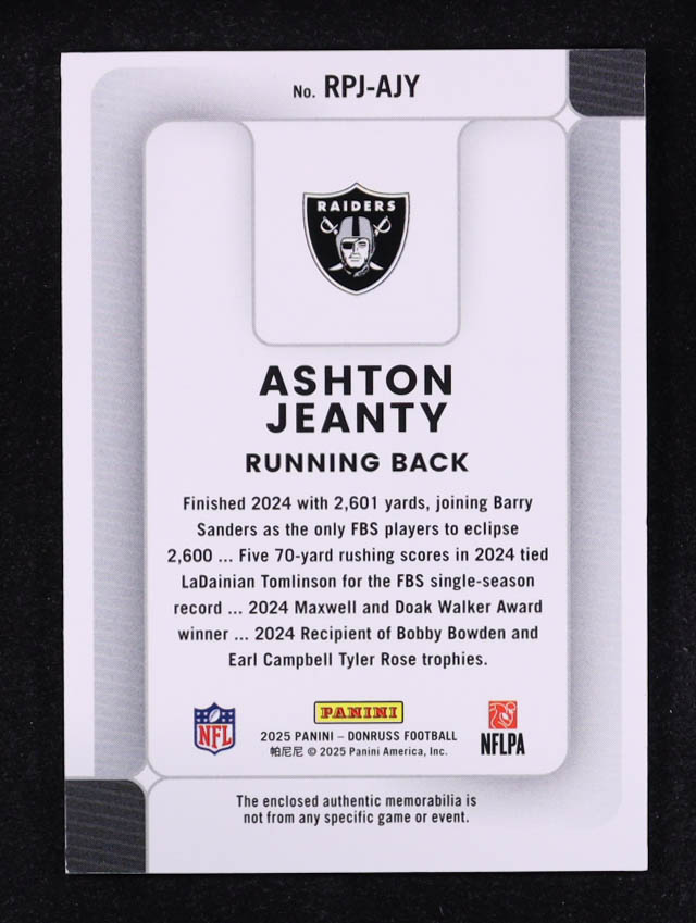 Ashton Jeanty 2025 Panini Donruss Rookie Phenom Jersey #RPJ-AJY RC at PristineAuction.com Ashton Jeanty 2025 Panini Donruss Rookie Phenom Jersey #RPJ-AJY RC at PristineAuction.com