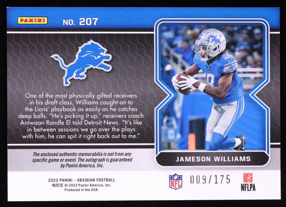 Jameson Williams 2022 Panini Obsidian #207 Jersey Autograph RC #9/175 at PristineAuction.com Jameson Williams 2022 Panini Obsidian #207 Jersey Autograph RC #9/175 at PristineAuction.com