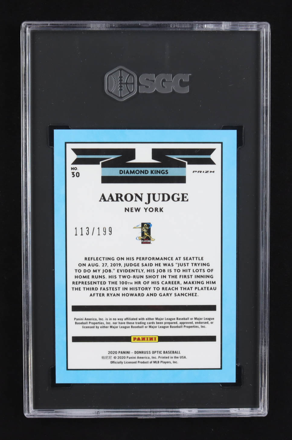 Aaron Judge 2020 Donruss Optic Pink Velocity #30 DK #113/199 (SGC 9.5) at PristineAuction.com Aaron Judge 2020 Donruss Optic Pink Velocity #30 DK #113/199 (SGC 9.5) at PristineAuction.com