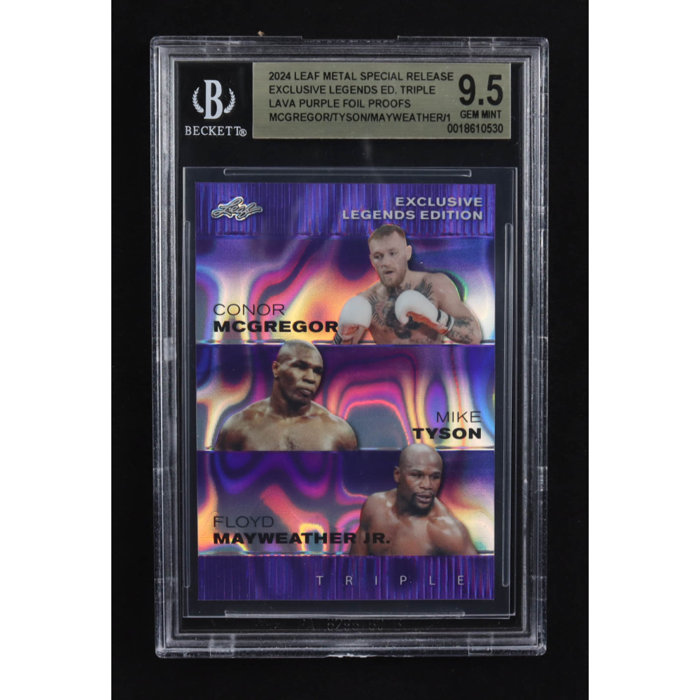 Conor Mcgregor / Mike Tyson / Floyd Mayweather Jr. 2024 Leaf Metal Special Release Exclusive Legends Ed. Triple Lava Purple Foil Proofs (BGS 9.5) at PristineAuction.com