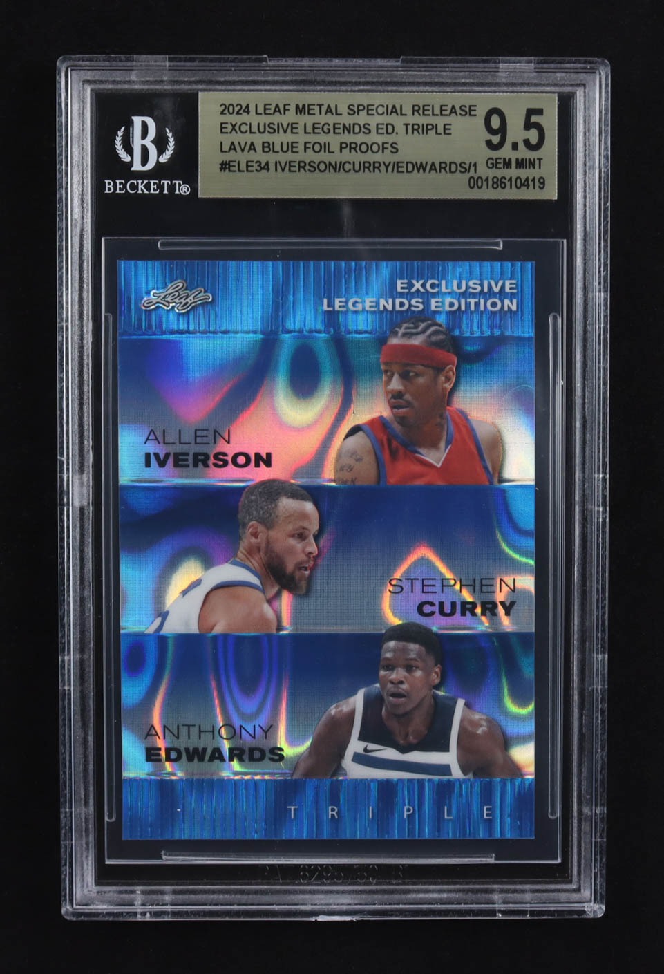 Allen Iverson / Stephen Curry / Anthony Edwards 2024 Leaf Metal Special Release Exclusive Legends Ed. Triple Lava Blue Foil Proofs #ELE34 (BGS 9.5) at PristineAuction.com Allen Iverson / Stephen Curry / Anthony Edwards 2024 Leaf Metal Special Release Exclusive Legends Ed. Triple Lava Blue Foil Proofs #ELE34 (BGS 9.5) at PristineAuction.com