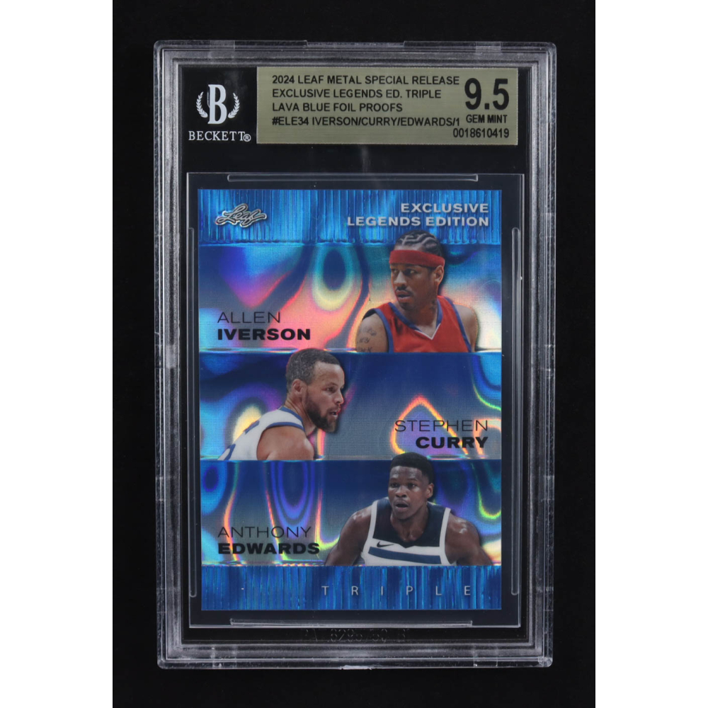Allen Iverson / Stephen Curry / Anthony Edwards 2024 Leaf Metal Special Release Exclusive Legends Ed. Triple Lava Blue Foil Proofs #ELE34 (BGS 9.5) at PristineAuction.com