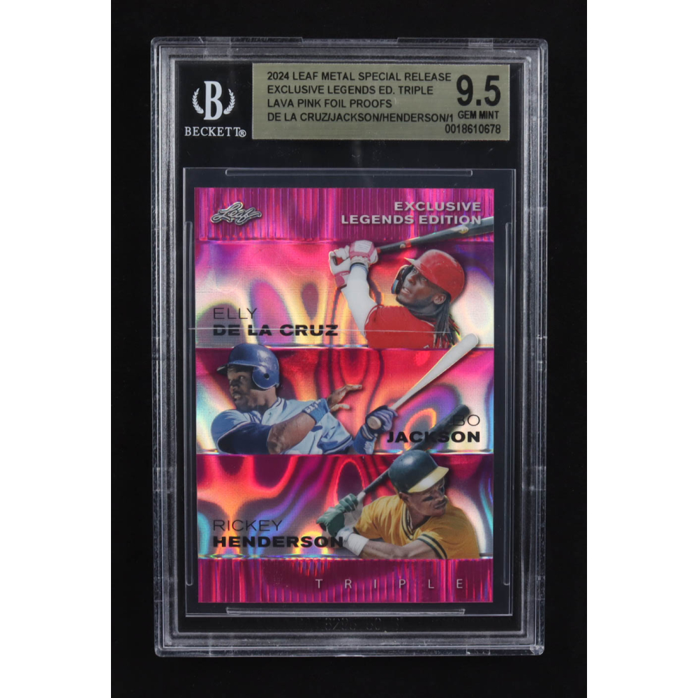 Elly De La Cruz / Bo Jackson / Rickey Henderson 2024 Leaf Metal Special Release Exclusive Legends Ed. Triple Lava Pink Foil Proofs (BGS 9.5) at PristineAuction.com