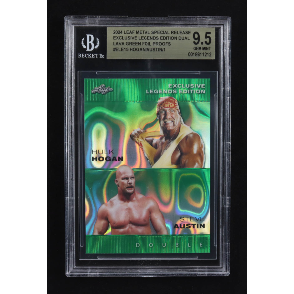 Hulk Hogan / Steve Austin / 2024 Leaf Metal Special Release Exclusive Legends Ed. Dual Lava Green Foil Proofs #ELE15 (BGS 9.5) at PristineAuction.com