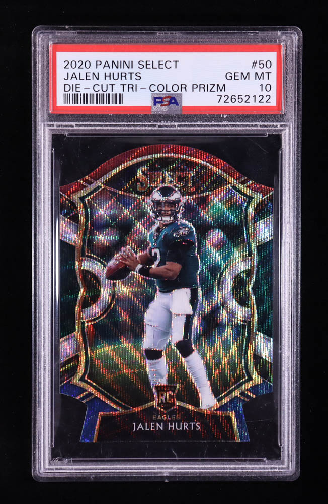 Jalen Hurts 2020 Panini Select Die-Cut Tri-Color Prizm #50 (PSA 10) at PristineAuction.com Jalen Hurts 2020 Panini Select Die-Cut Tri-Color Prizm #50 (PSA 10) at PristineAuction.com