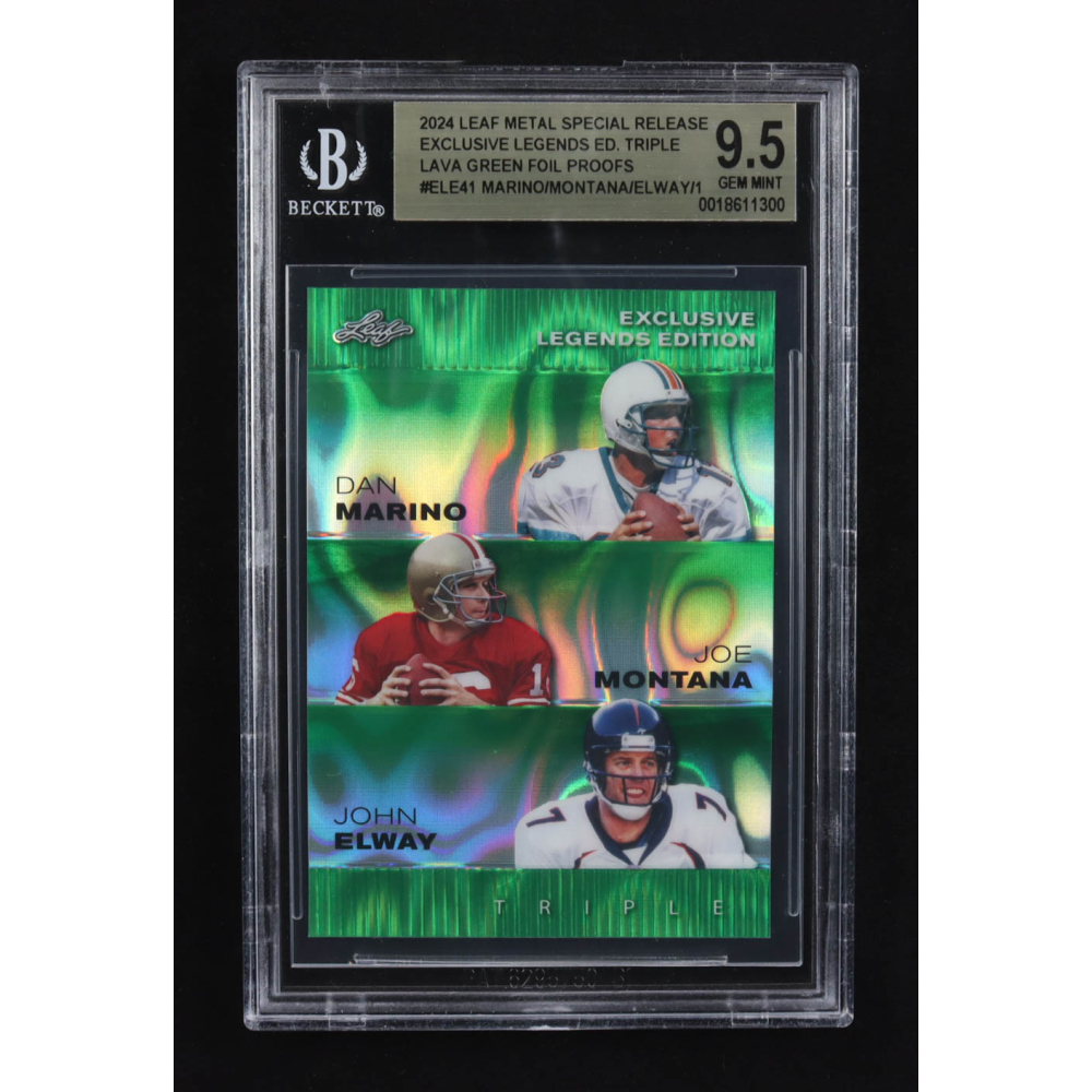 Dan Marino / Joe Montana / John Elway 2024 Leaf Metal Special Release Exclusive Legends Ed. Triple Lava Green Foil Proofs #ELE41 (BGS 9.5) at PristineAuction.com