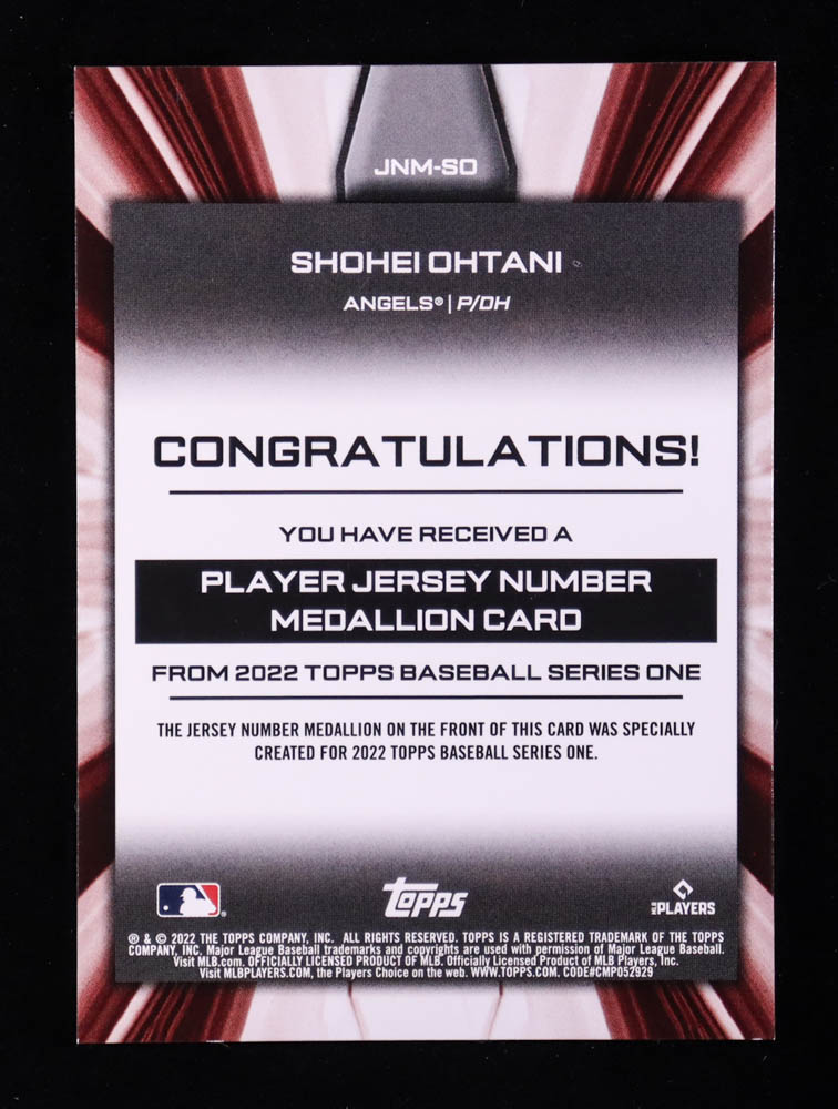 Shohei Ohtani 2022 Topps Commemorative Player Jersey Number Medallions #JNMSO at PristineAuction.com Shohei Ohtani 2022 Topps Commemorative Player Jersey Number Medallions #JNMSO at PristineAuction.com