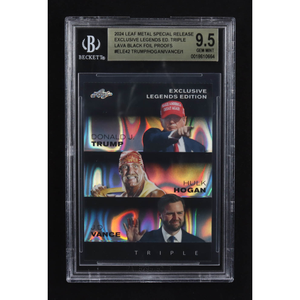 J.D. Vance / Donald J. Trump / Hulk Hogan 2024 Leaf Metal Special Release Exclusive Legends Ed. Triple Lava Black Foil Proofs #ELE42 (BGS 9.5) at PristineAuction.com