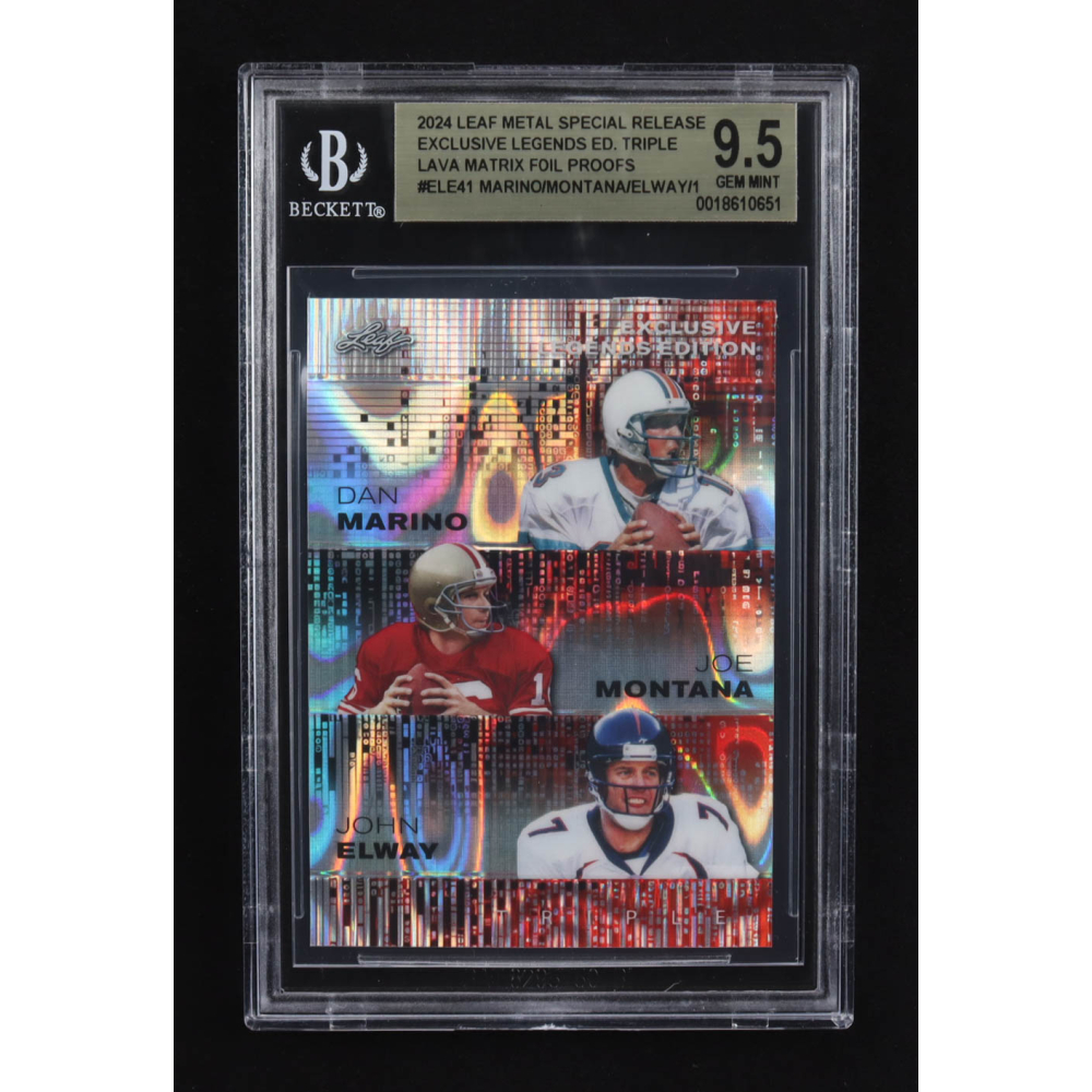 Dan Marino / Joe Montana / John Elway 2024 Leaf Metal Special Release Exclusive Legends Ed. Triple Lava Matrix Foil Proofs #ELE41 (BGS 9.5) at PristineAuction.com