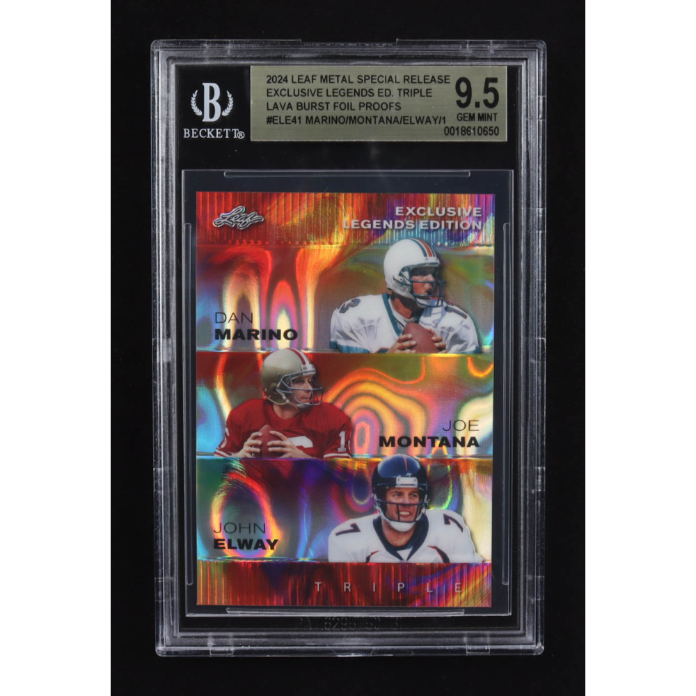 Dan Marino / Joe Montana / John Elway 2024 Leaf Metal Special Release Exclusive Legends Ed. Triple Lava Burst Foil Proofs #ELE41 (BGS 9.5) at PristineAuction.com
