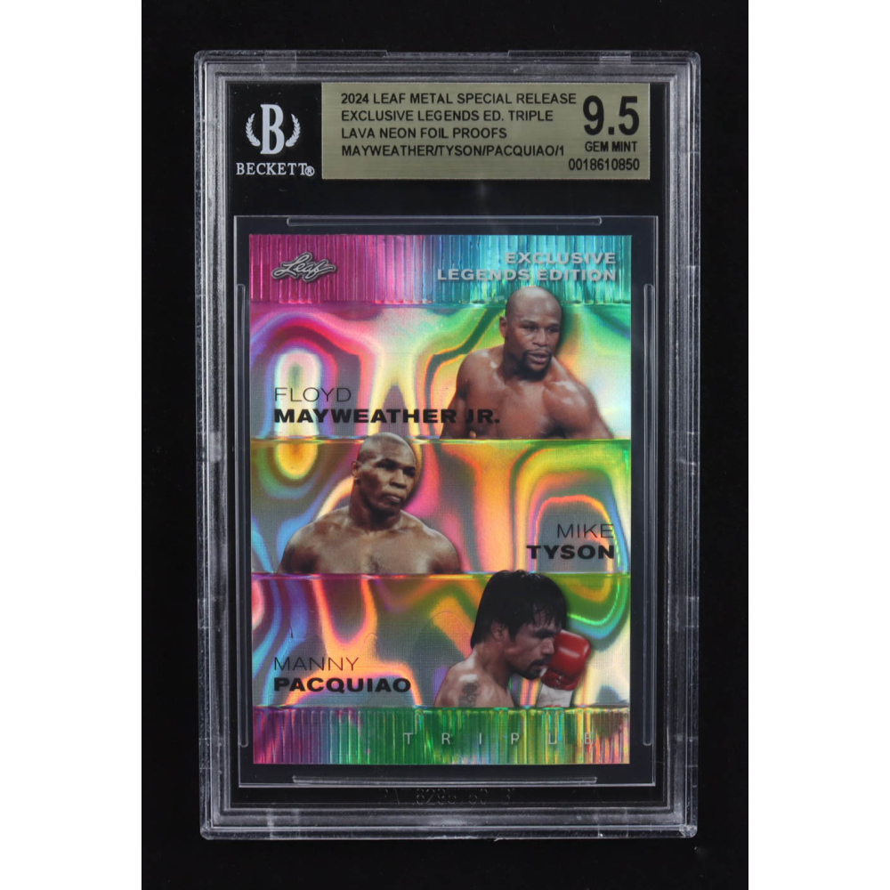 Manny Pacquiao / Mike Tyson / Floyd Mayweather Jr. 2024 Leaf Metal Special Release Exclusive Legends Ed. Triple Lava Neon Foil Proofs (BGS 9.5) at PristineAuction.com