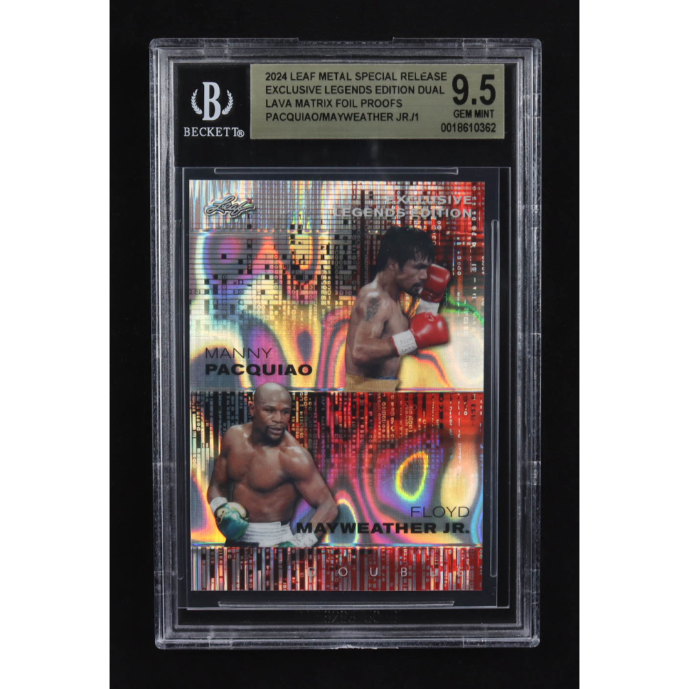 Manny Pacquiao / Floyd Mayweather Jr. 2024 Leaf Metal Special Release Exclusive Legends Ed. Dual Lava Matrix Foil Proofs (BGS 9.5) at PristineAuction.com