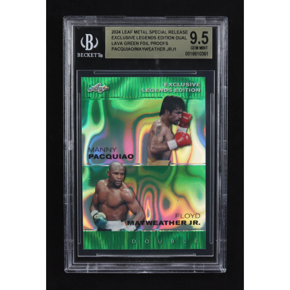 Manny Pacquiao / Floyd Mayweather Jr. 2024 Leaf Metal Special Release Exclusive Legends Ed. Dual Lava Green Foil Proofs (BGS 9.5) at PristineAuction.com